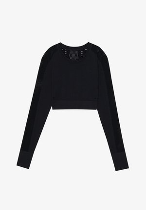 Svart kort sweatshirt med lange ermer, med meshinnsatser på skuldrene og sidene. Glatt stoff med rund hals og tettsittende mansjetter.