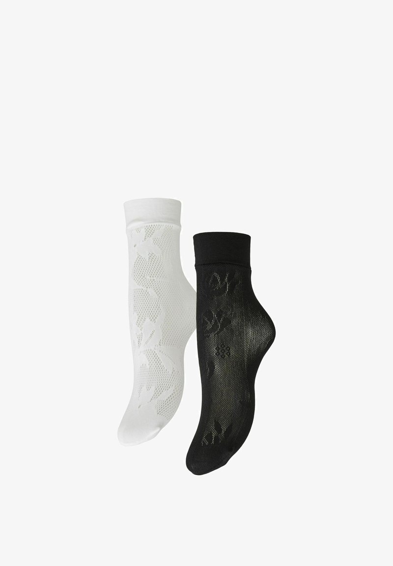 Paire de chaussettes transparentes à la cheville avec motifs floraux, une noire et une blanche, présentées sur fond blanc.