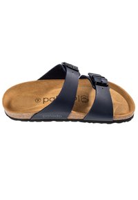 Sandalo blu navy con due cinghie regolabili e fibbie nere, dotato di una soletta in sughero e suola in gomma texturizzata per una migliore aderenza.