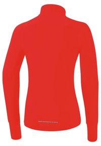 Rotes langärmeliges Sportshirt mit hohem Kragen, taillierter Passform und reflektierenden Akzenten am Saum. Glatte Textur, dehnbare Stoff.