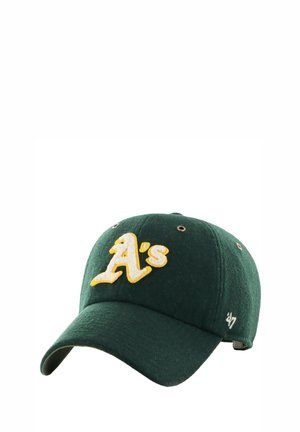 Green wool baseball cap with embroidered yellow "A's" logo, curved visor, and adjustable strap. Features air vents on the crown.