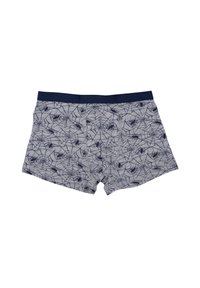 Boxer in cotone grigio con un motivo di ragno e ragnatela, dotati di un elastico solido blu navy. Tessuto morbido, design di lunghezza media.