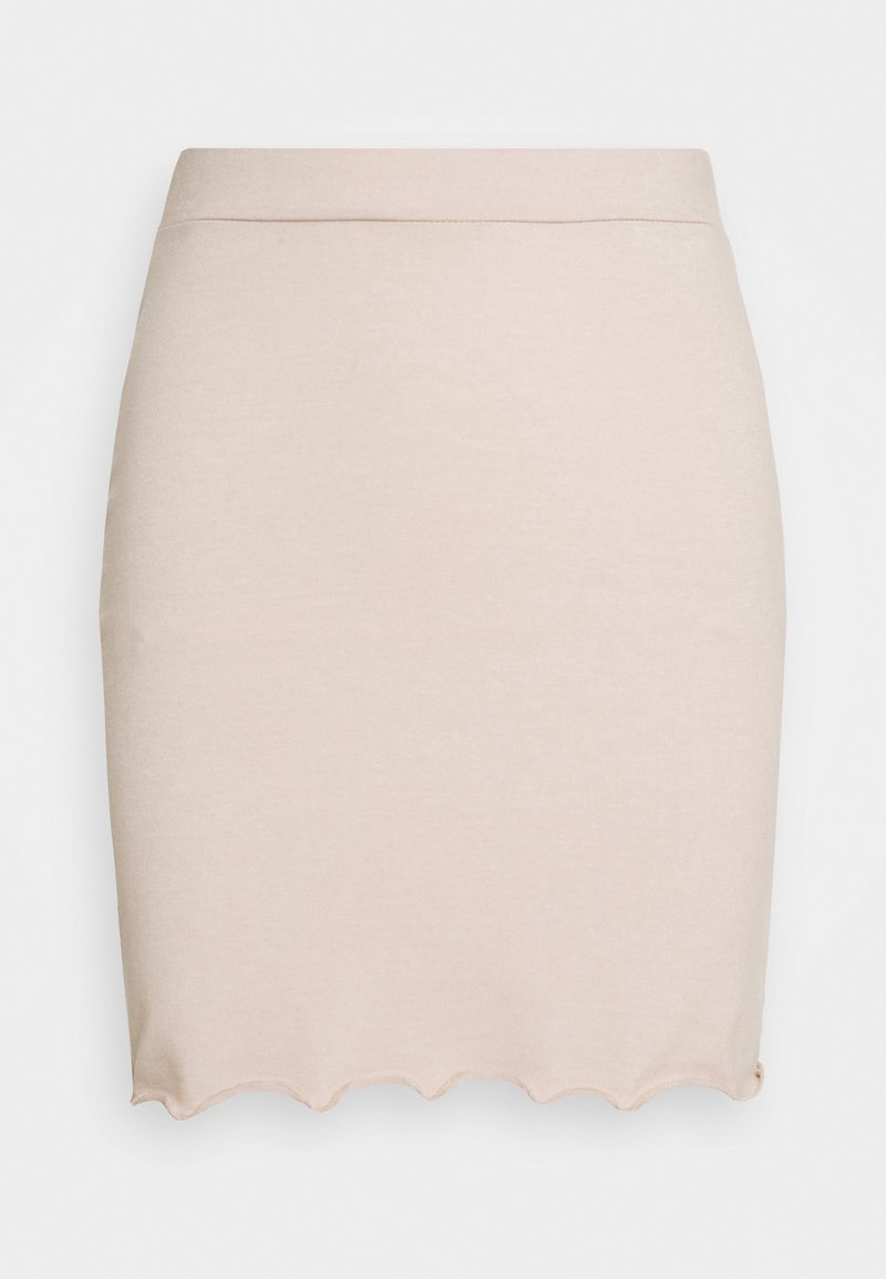 Falda lápiz de color rosa claro, hasta la rodilla, con una textura suave y dobladillo en forma de ondas. Fabricada con un tejido elástico, cuenta con una cinturilla sencilla.