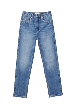Blauwe high-waist jeans met rechte pijpen, vooraan knoop en rits, vijf zakken en subtiele vervaging op dijen en knieën.