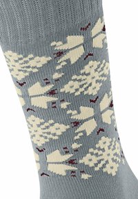 Graue Baumwollsocken mit einem cremefarbenen Blattmuster und burgunderfarbenen Akzenten. Strukturierte Rippung am Bund und nahtlose Zehenkonstruktion.