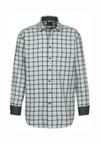 Camicia a maniche lunghe a scacchi verde e blu con bottone frontale, colletto classico e polsini verde scuro. Presenta una singola tasca sul petto.