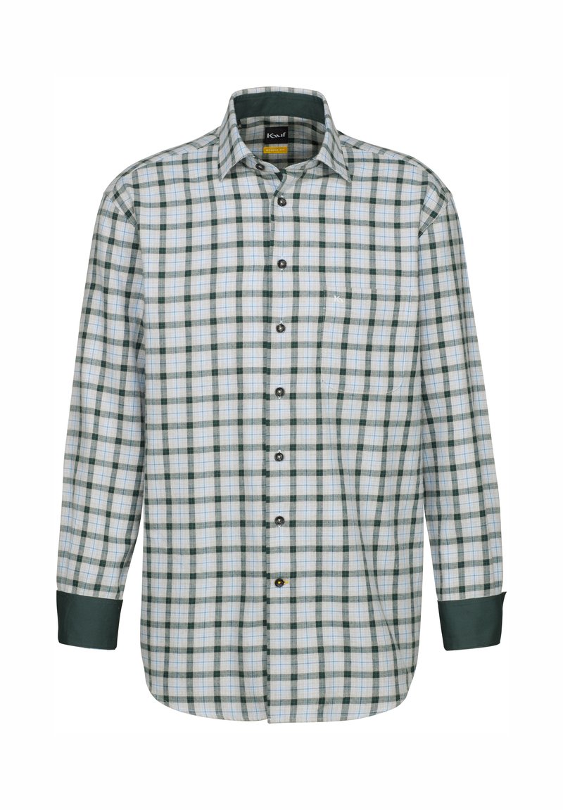 Camicia a maniche lunghe a scacchi verde e blu con bottone frontale, colletto classico e polsini verde scuro. Presenta una singola tasca sul petto.