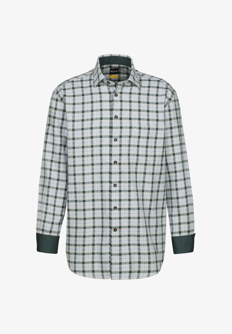 Camicia a maniche lunghe a scacchi verde e blu con bottone frontale, colletto classico e polsini verde scuro. Presenta una singola tasca sul petto.