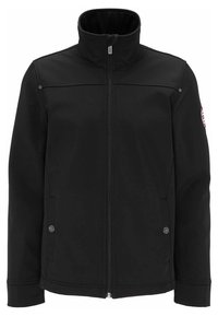 Veste softshell noire avec un col montant, une fermeture éclair frontale et des boutons-pression. Présente une texture lisse et un design minimaliste.