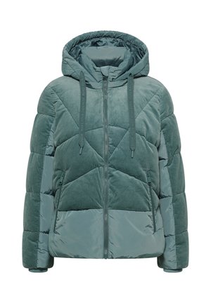 Chaqueta acolchada en verde apagado, con textura de pana, patrón de acolchado geométrico, gran capucha y dos bolsillos laterales con cremallera.