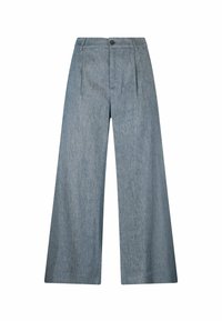 Široké kalhoty světle modré barvy, vyrobené z texturované tkaniny, s předními záhyby, zapínáním na knoflík a klasickým pasem.