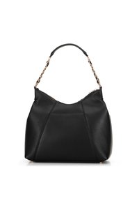 Schwarze Lederhandtasche mit strukturiertem Oberflächen, geschwungener Form, mit Kettenakzenten am Schulterriemen und einem Reißverschlussverschluss. Verfügt über Nahtdetails.