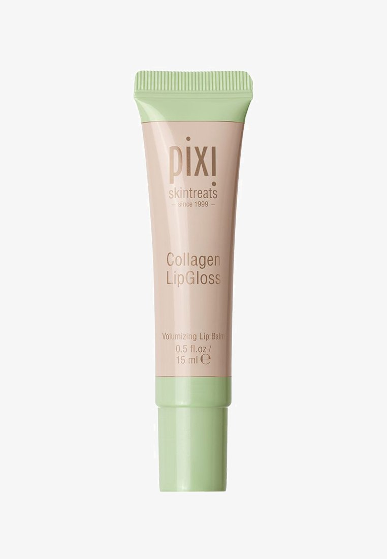 Gloss à lèvres au collagène dans un tube de compression ; corps rose clair avec un capuchon vert, étiqueté avec "pixi" et les détails du produit en lettres dorées.