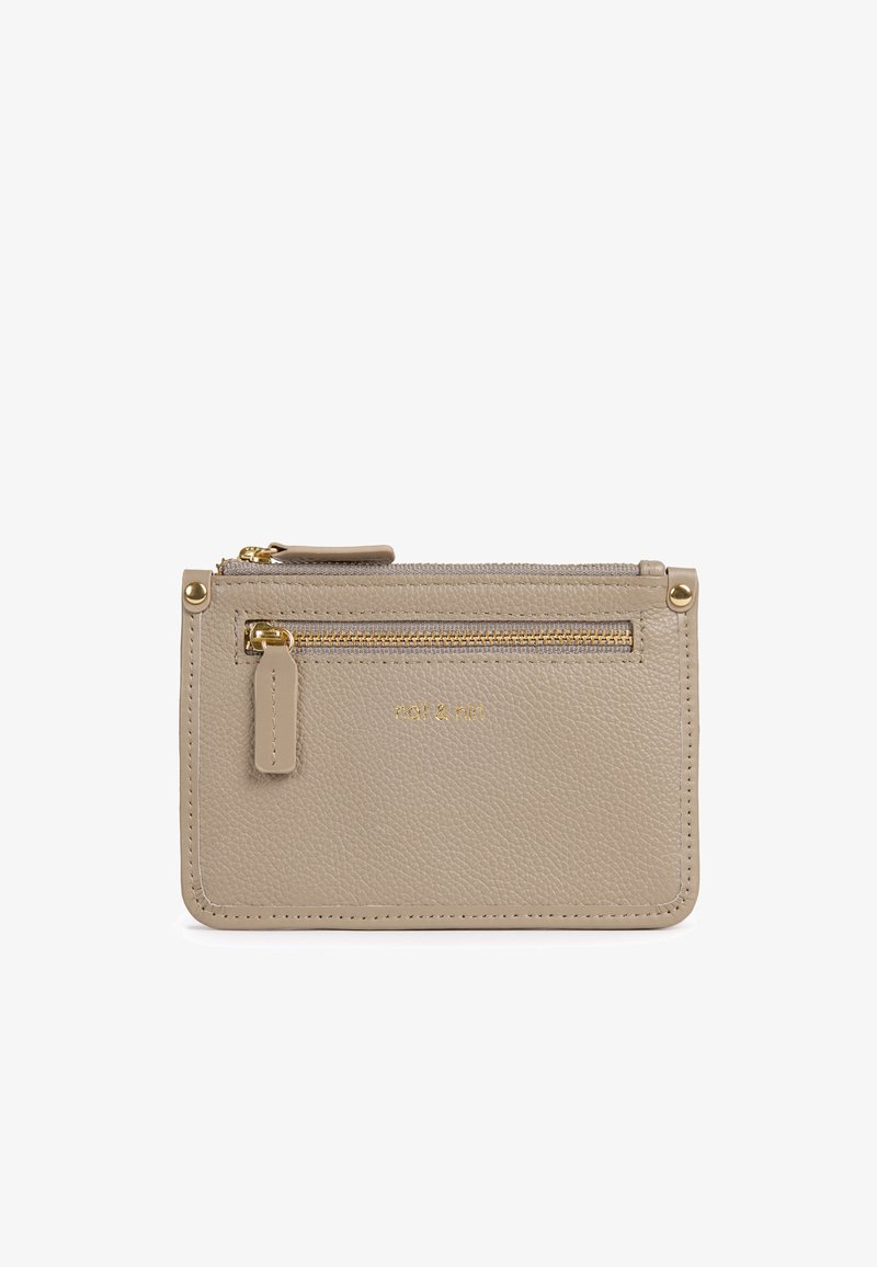 Textured beige leather wallet with gold hardware, zippered compartments, and a logo embossed on the front. Compact rectangular shape.