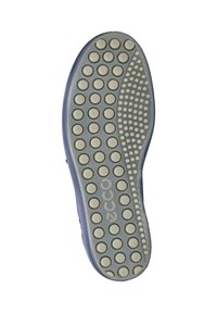 Semelle d'une chaussure avec des crampons en caoutchouc circulaires disposés en rangées et le nom de la marque "ecco" embossé dans la section centrale.