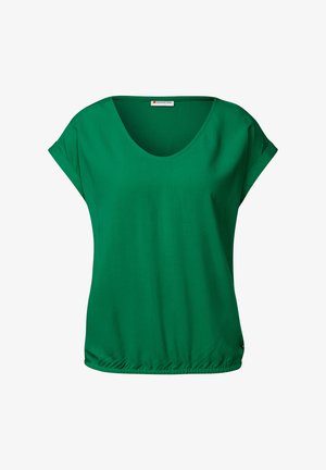 Groene blouse met korte mouwen en een ronde hals, met een verzamelde elastische onderrand en een gladde structuur. Gemaakt van lichtgewicht stof met een casual ontwerp.