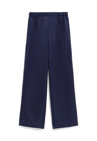 Marineblaue weit geschnittene Hose mit elastischem Bund, seidiger Textur und ungesäumten Säumen, ausgestattet mit vorderen Falten für zusätzliche Struktur.