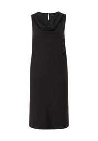 Schwarzes, ärmelloses Kleid mit einem Cowl-Halsausschnitt und einem Schlüsselloch-Ausschnitt auf der Rückseite. Glatte Stoffqualität mit einer geraden, unstrukturierten Form.