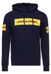 Sudadera de color azul marino hecha de una mezcla de algodón, con un gran logo amarillo, bolsillo canguro en la parte frontal, cordones ajustables y rayas contrastantes en las mangas.