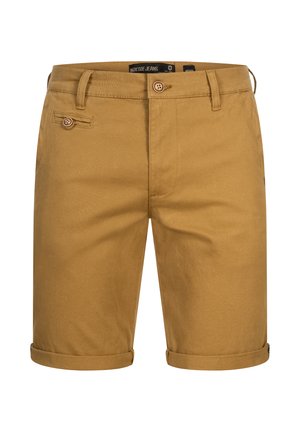Pantaloni corti color khaki in cotone con una texture liscia, caratterizzati da risvolti alle estremità, chiusura con bottone e dettagli della tasca frontale.