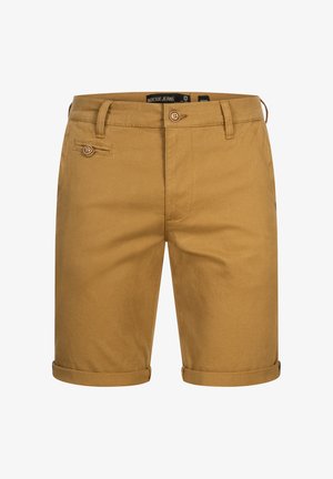 Khaki shorts made of cotton with a smooth texture, featuring rolled cuffs, a button closure, and a front pocket detail.