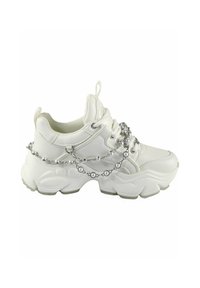 White athletic sneakers with chunky soles, supportive upper, and decorative silver chain with beads. Textured leather and mesh design.