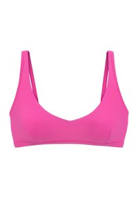 Rosa geripptes BikinOberteil mit breiten Trägern, einem tiefen Ausschnitt und einem nahtlosen Design, hergestellt aus dehnbarem Material für Komfort.