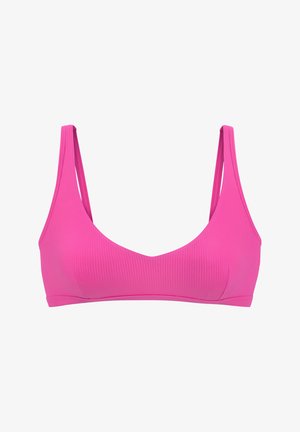 Rozā ribota bikini augšdaļa ar platām plecu siksnām, dziļu kakla izgriezumu un bezšuvju dizainu, izgatavota no elastīga materiāla komfortam.