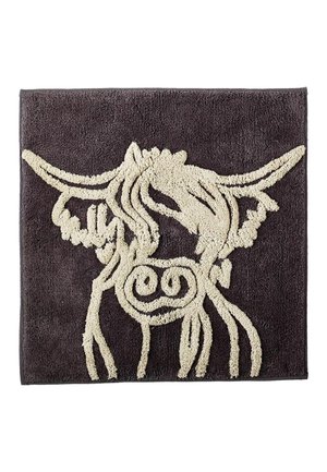 Dark brown rectangular rug with a cream outline of a highland cow head with long horns and flowing hair.