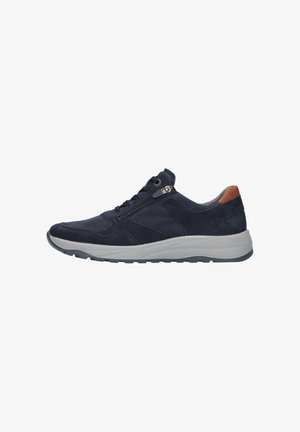 Navy blue sneakers with a mix of smooth and textured materials, featuring a zip closure, light grey sole, and brown heel accent.