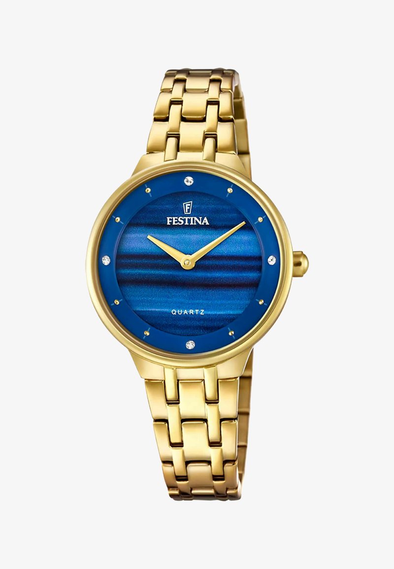 Goldene Metallarmbanduhr mit einem blau gestreiften Ziffernblatt, Quarzwerk und diamantähnlichen Akzenten um das Ziffernblatt; ausgestattet mit zwei goldenen Zeigern.