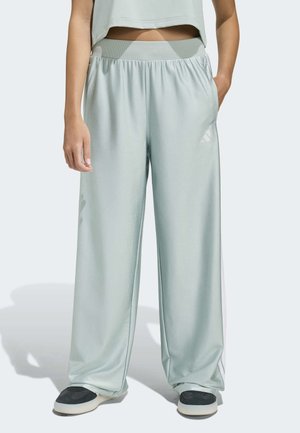 Light green, wide-leg sweatpants with an elastic waistband, featuring side pockets and white accent strips on the sides. Smooth texture.