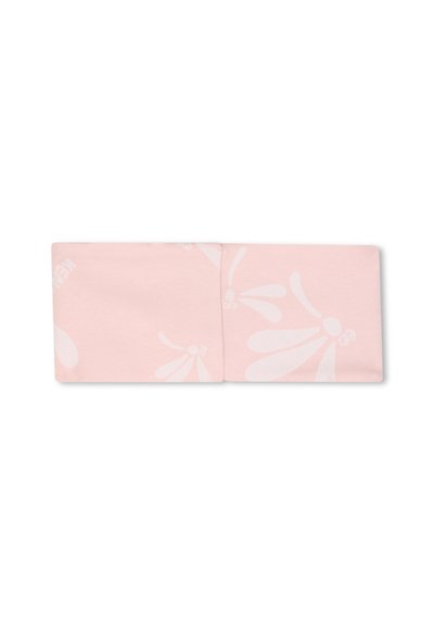 Bandeau en coton rose clair avec un motif floral blanc subtil, plié à plat sur fond blanc.