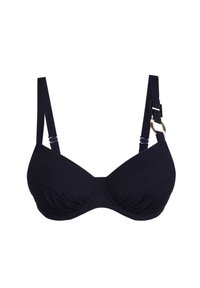 Reggiseno nero con stecche, spalline regolabili, tessuto testurizzato e design arricciato al centro. Presenta dettagli hardware in tonalità oro.