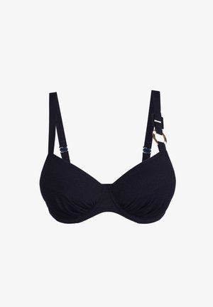 Zwarte onderwire bh met verstelbare bandjes, textuurstof en een geplooid ontwerp in het midden. Bevat accent van goudkleurige hardware.