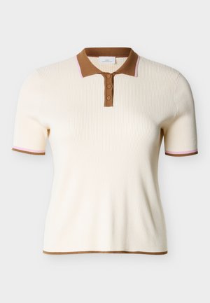 Kremfarget ribbestrikket kortermet polo-skjorte med brun krage, knappestolpe og kantdetaljer med rosa aksenter på ermene.