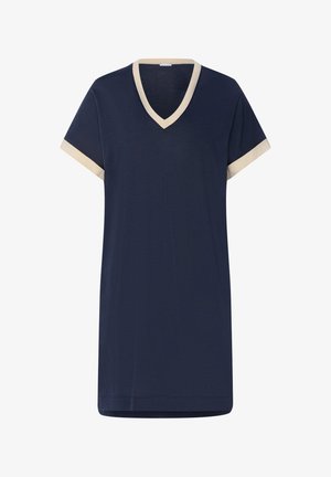 Námořnicky modré tričko s výstřihem do V a krémovým kontrastním lemováním na límci a rukávech. Vyrobeno z měkké látky s volným střihem a krátkými rukávy.