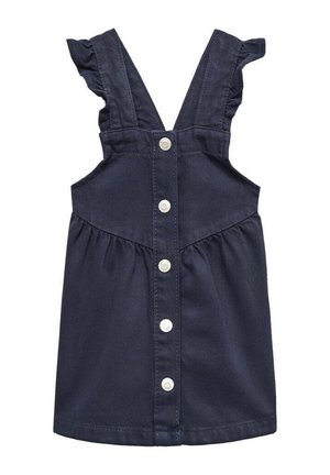 Mørkeblå ærmeløs kjole til småbørn med knaplukning foran og flæset skulderstropper, lavet af denim-lignende stof.