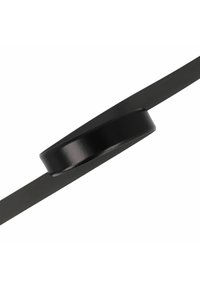Black belt featuring a smooth, circular buckle. The strap is flat and wide, with a consistent matte finish throughout.