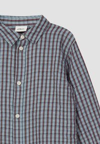 Gecontroleerd button-up overhemd met een bordeauxrood en blauw ruitpatroon, met een puntkraag en plastic knopen. Gemaakt van lichte stof.