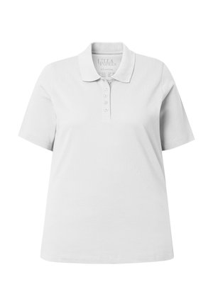 Polo bianca a maniche corte con cinque bottoni e colletto, mostrata distesa su uno sfondo bianco.