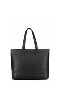 Sac fourre-tout en cuir noir avec deux anses robustes, forme rectangulaire, texture lisse et design minimaliste. Pas de quincaillerie visible ni de motifs.