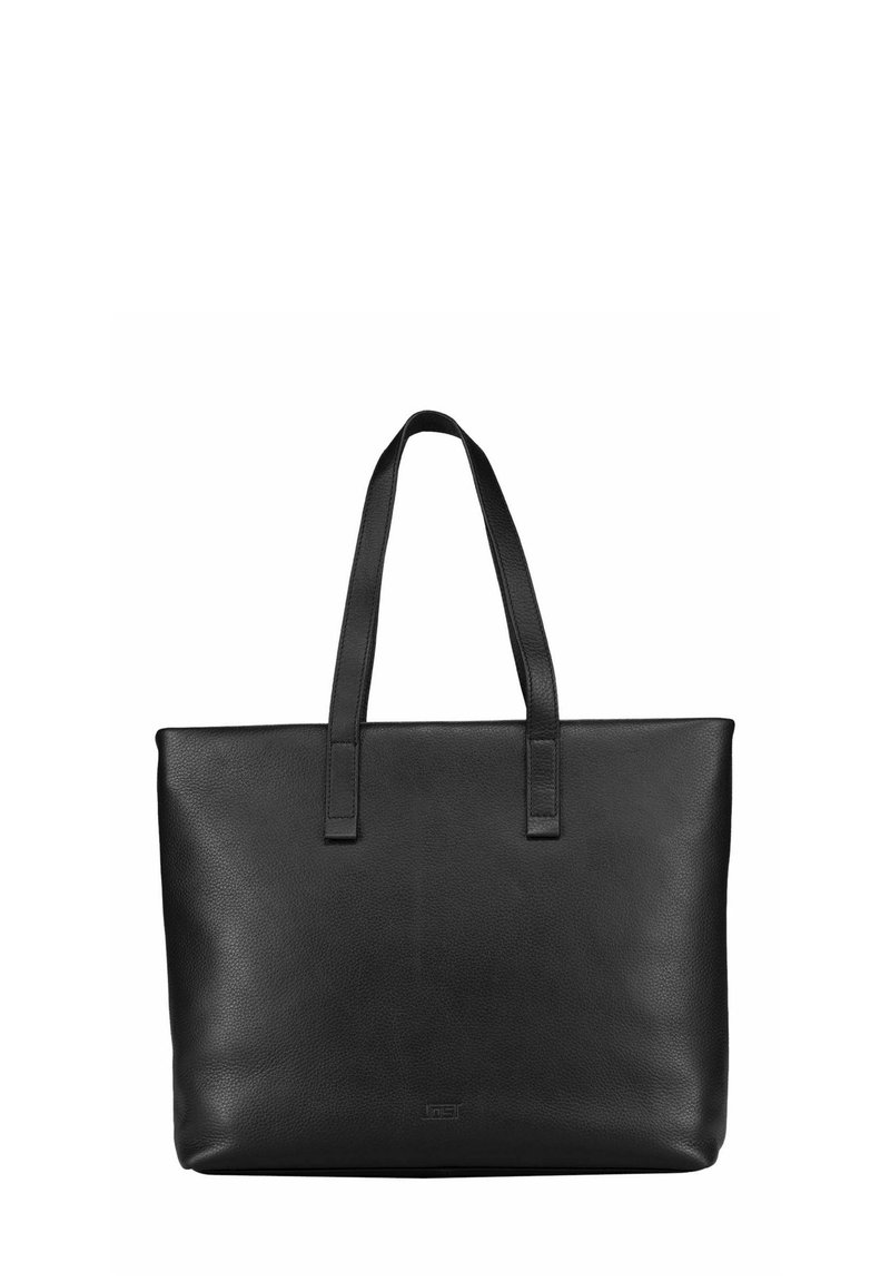 Sac fourre-tout en cuir noir avec deux anses robustes, forme rectangulaire, texture lisse et design minimaliste. Pas de quincaillerie visible ni de motifs.
