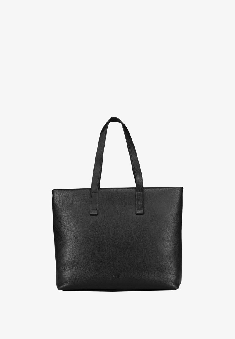Sac fourre-tout en cuir noir avec deux anses robustes, forme rectangulaire, texture lisse et design minimaliste. Pas de quincaillerie visible ni de motifs.