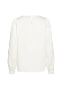 Bílá bavlněná blůza s dlouhými nabíranými rukávy, s krajkovým lemem na manžetách a klíčkovým uzávěrem na zadní straně. Hladká textura.