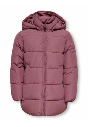 Veste d'hiver matelassée mauve avec capuche, fermeture éclair intégrale à l'avant, manches longues et poches latérales, conçue pour temps froid.