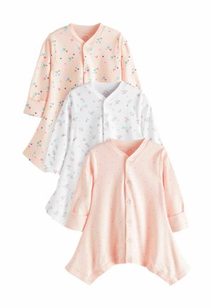 Set di tre indumenti per neonati in morbido cotone. Caratterizzati da un motivo rosa con cuori, bianco con motivo floreale e rosa chiaro con pois. Tutti hanno bottoni.