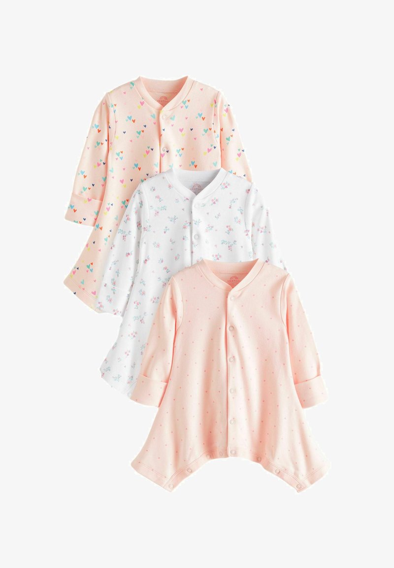 Sada tří dětských oděvů z jemného bavlny. Obsahuje růžovou srdíčky, bílou s květinovým vzorem a světle růžovou s puntíky. Všechny mají knoflíky.