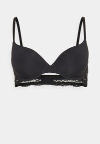 Soutien-gorge noir avec des bonnets rembourrés lisses et des détails en dentelle le long de la bande. Il est doté de bretelles réglables et d'une fermeture à crochets et œillets à l'arrière.