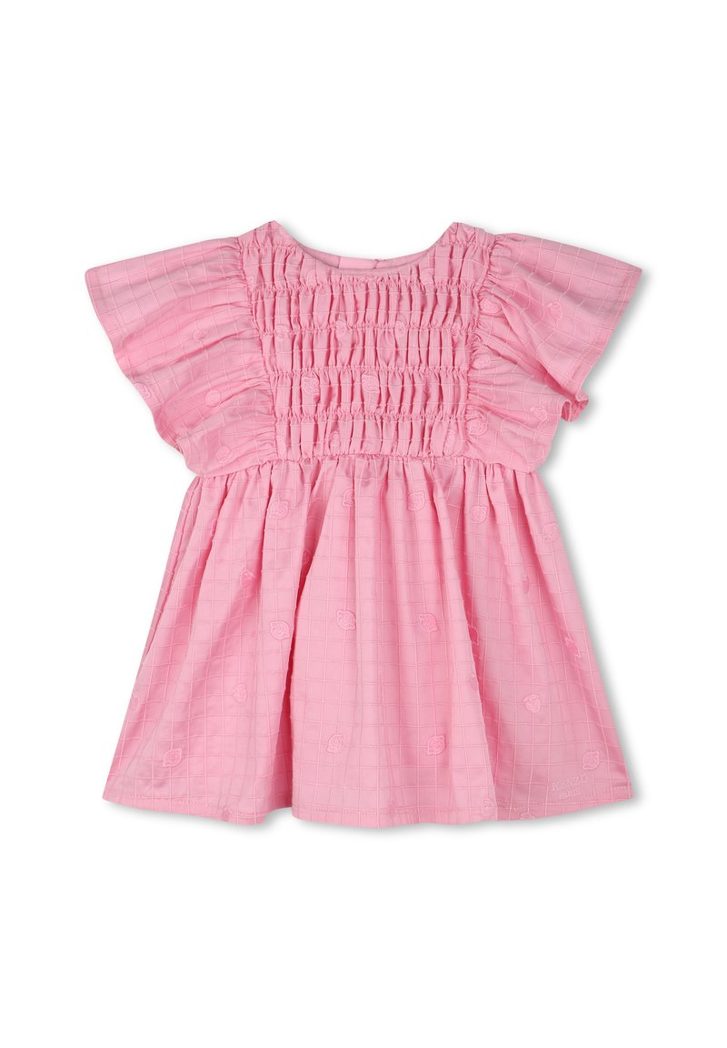 Pink dress with a textured grid pattern, smocked bodice, and flutter sleeves. Features embroidered heart motifs throughout.